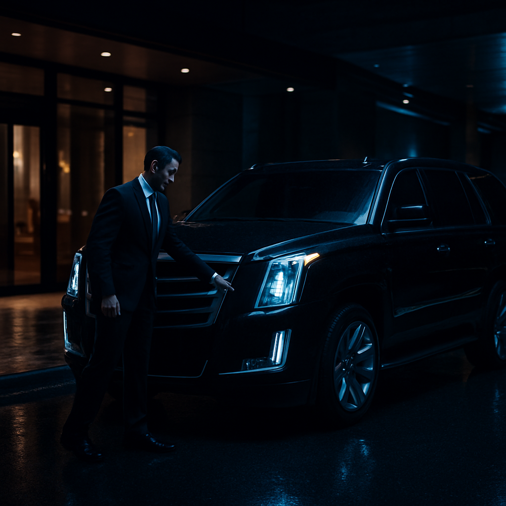 Professional STRYDE chauffeur opening the door of a luxury black SUV